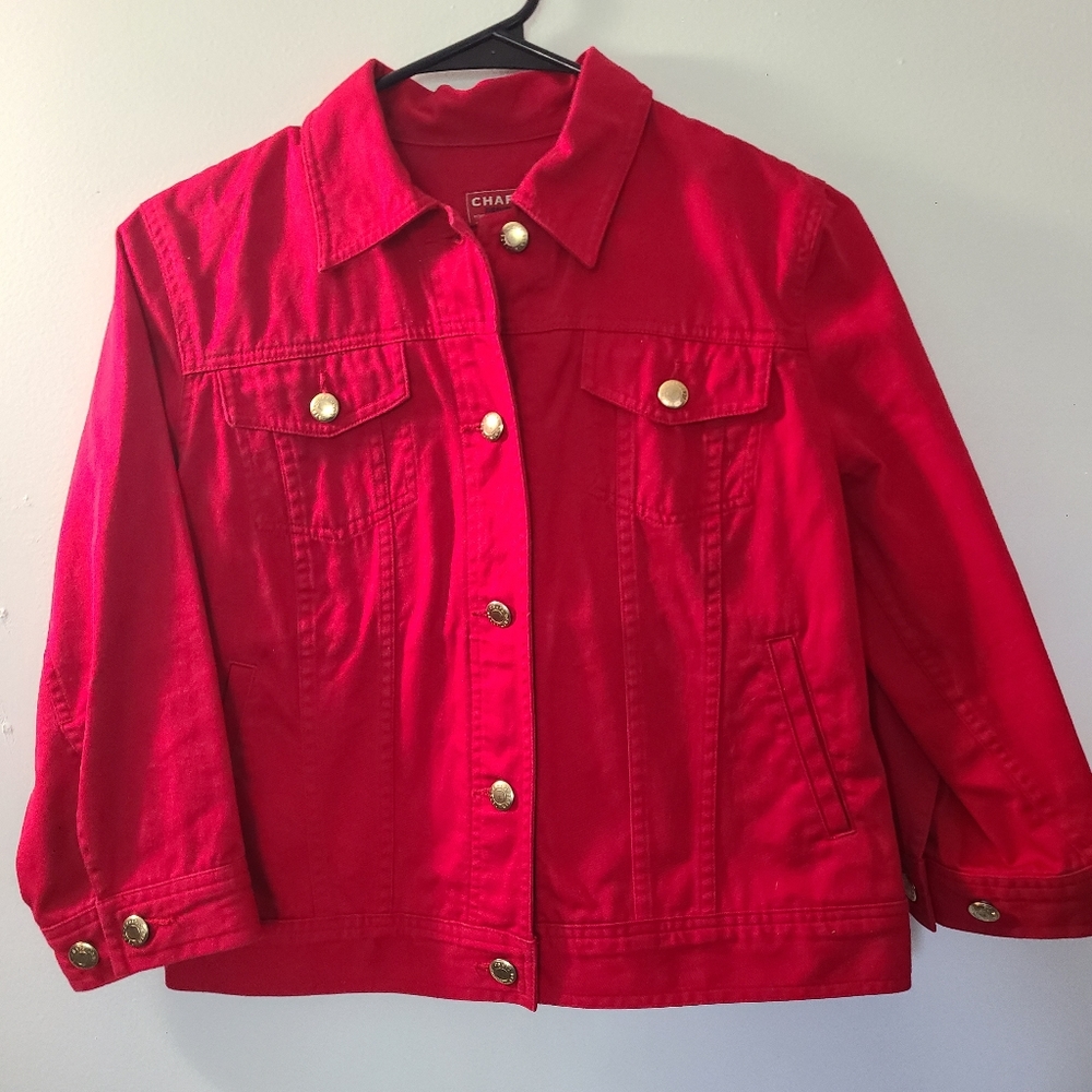 𝅺CHAPS Petite Denim Red Jean Jacket 3/4 Sleeves